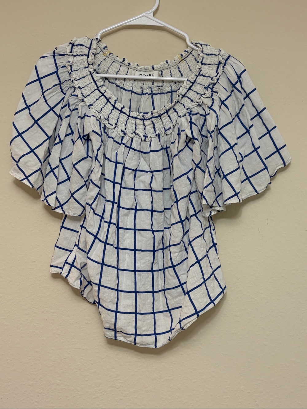 DO+BE White Off-Shoulder Smocked Top with Blue Windowpane